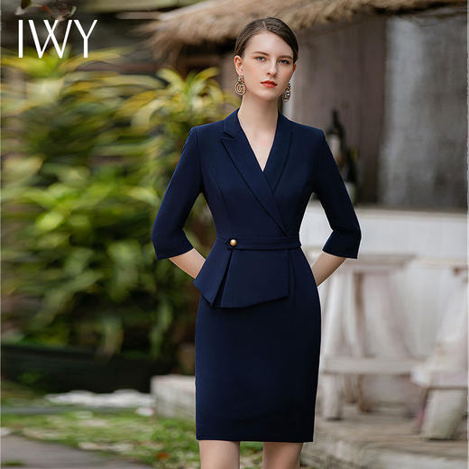 IWY/藏青色职业连衣裙女士七分袖收腰显瘦售楼部正装西装套裙Q781 商品图3