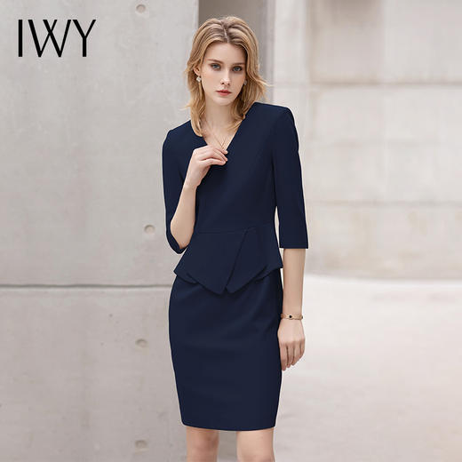 IWY/高端藏青色职业连衣裙女士七分袖收腰显瘦售楼部正装西装套裙Q11366 商品图5