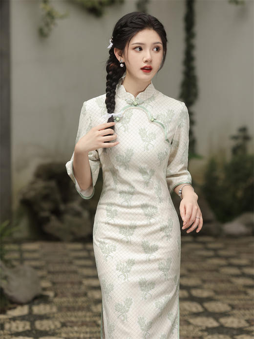 复合蕾丝，圆襟倒大袖中长款旗袍SJT-371 商品图2