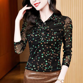 洋气百搭印花长袖，大码网纱打底衫女妈妈装KQL-E37M2675