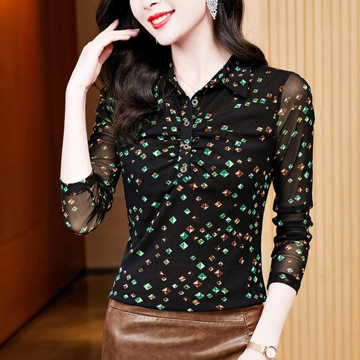 洋气百搭印花长袖，大码网纱打底衫女妈妈装KQL-E37M2675 商品图0