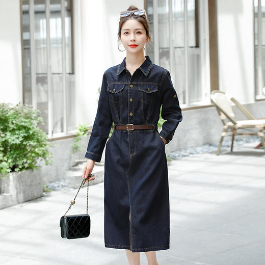 秋季欧货感POLO领长袖牛仔气质收腰牛仔裙YH-41360 商品图3