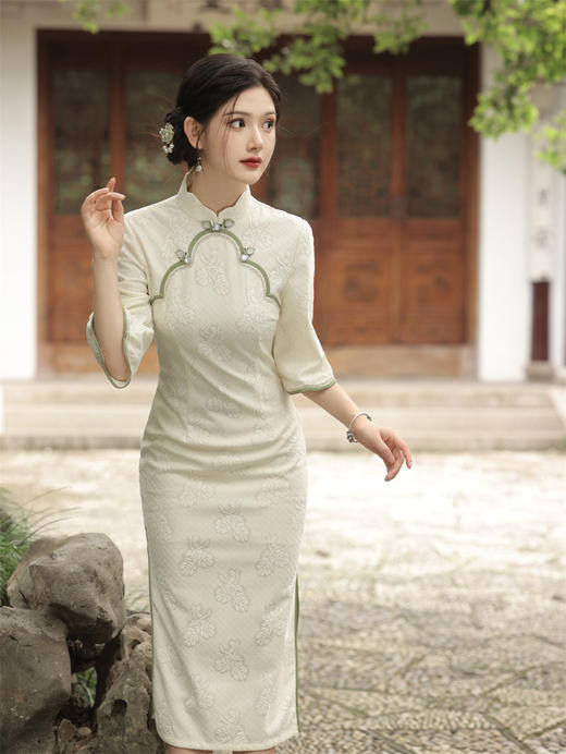 复合蕾丝，圆襟倒大袖中长款旗袍SJT-371 商品图1