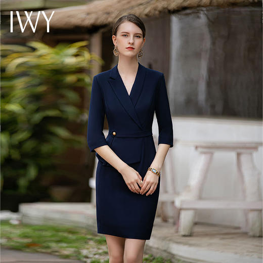IWY/藏青色职业连衣裙女士七分袖收腰显瘦售楼部正装西装套裙Q781 商品图2