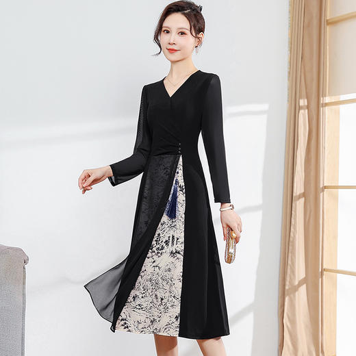 复古优雅，国风时尚连衣裙秋款中长款大码修身气质印花雪纺裙QYM-CR-JYM23B902-L 商品图1