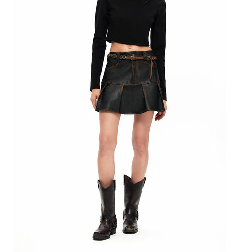 NUTH“皮革短裙”｜做旧洗褪棕色半身裙复古小众设计皮短裙 商品图0