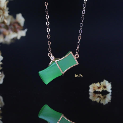 18K玫瑰金和田玉（碧玉）镶钻项链--风摇青玉枝/竹节6*15mm/链长40+2cm 商品图7