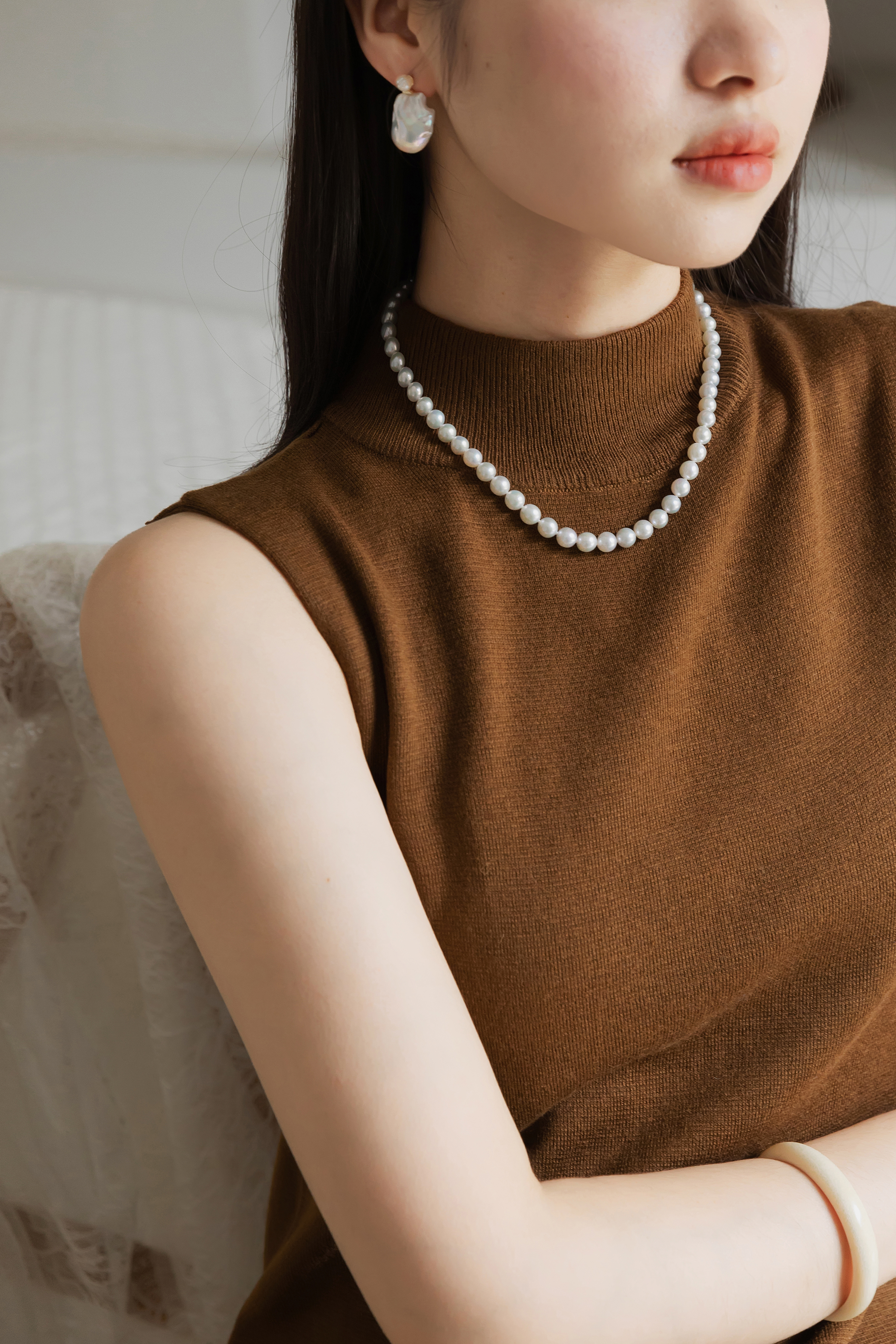 珍珠系列~~项链7-8mm 淡水极光基本无暇近圆，叠带更美～～项链长43cm--