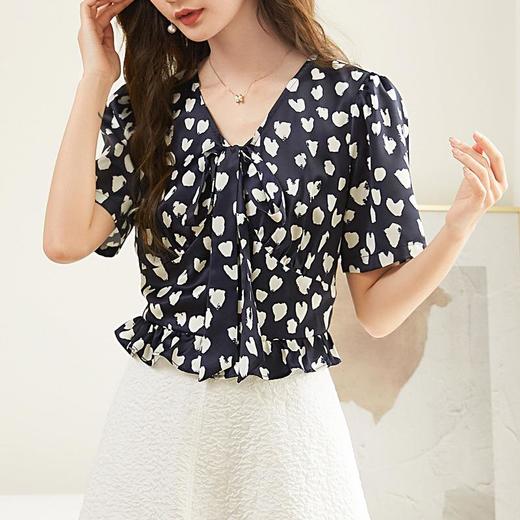 百姿 短款小众爱心小衫2023夏季新款短袖雪纺印花衬衫女231178 商品图1