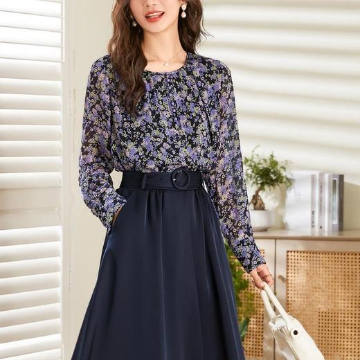 百姿 碎花雪纺衬衫女2023春季新款圆领套头都市时尚长袖雪纺衫 商品图2