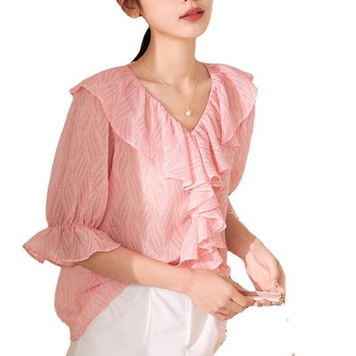 百姿 2023夏季新款品牌女装提花短袖雪纺衫气质荷叶边上衣女231148 商品图4