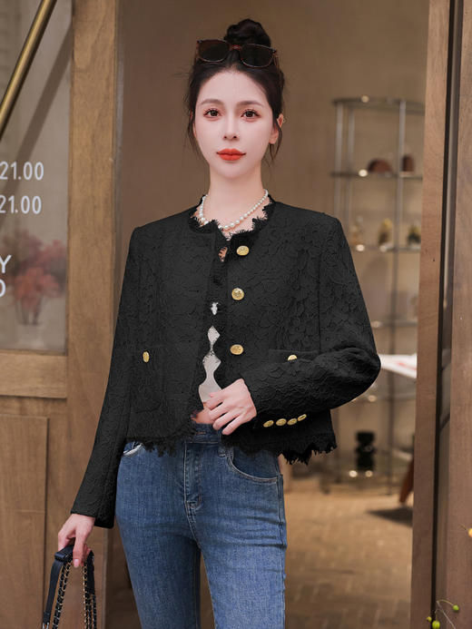 DD-气质拼接蕾丝短外套名媛优雅风修身显瘦单排扣开衫 商品图3
