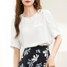 百姿 新款简约圆领短袖雪纺衬衫女百搭小衫薄款231170