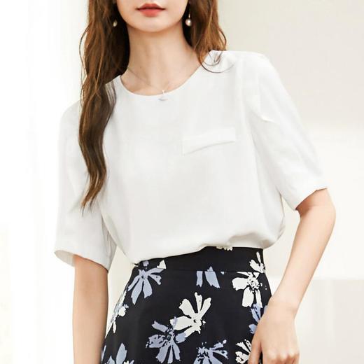 百姿 新款简约圆领短袖雪纺衬衫女百搭小衫薄款231170 商品图0