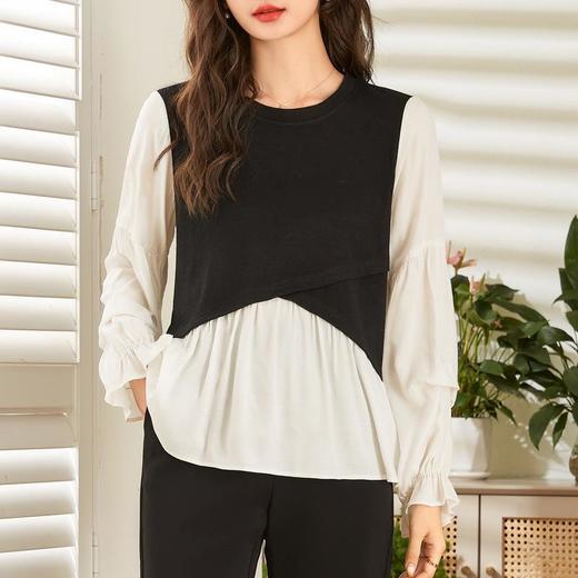 百姿 拼接喇叭袖衬衫女2023秋季新款圆领名媛风小众长袖羊毛衬衣 商品图0