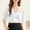 百姿 蕾丝V领短袖上衣2023夏季新款纯棉名媛气质蕾丝衫女231196 商品缩略图0