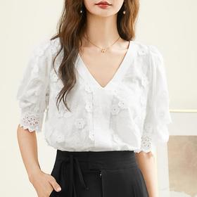 百姿 蕾丝V领短袖上衣2023夏季新款纯棉名媛气质蕾丝衫女231196