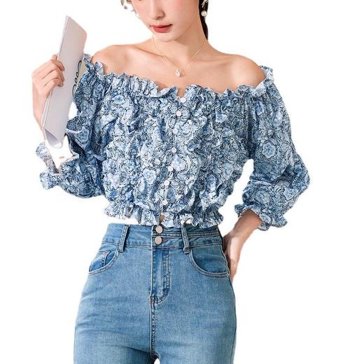 百姿 新款法式短款木耳边小衫甜美套头露脐时尚短袖衬衫 商品图4