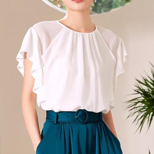 百姿 飞飞袖雪纺衫女2023韩版纯色名媛优雅直筒套头显瘦短袖上衣 商品图2