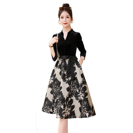 秋季新款，拼接单排多扣优雅气质水墨花朵显瘦长款连衣裙HR-JNFGN2805 商品图10