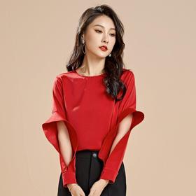百姿 秋季新款韩版修身显瘦圆领套头红色梭织女士雪纺衫上衣