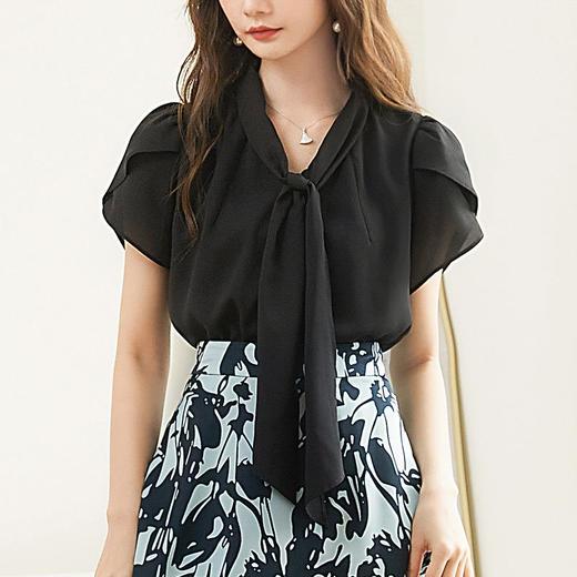 百姿 都市气质雪纺衫2023夏季新款系带V领花瓣袖薄款小衫女231172 商品图3