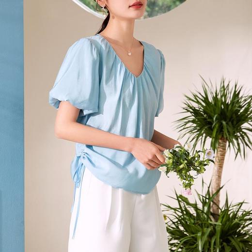 百姿 褶皱V领短袖雪纺衫女2023夏季新款韩版简约百搭女装上衣小衫 商品图1