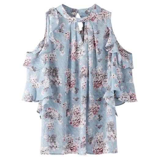 百姿 新款蓝色套头露肩雪纺衫印花衬衫荷叶边女装上衣 商品图4