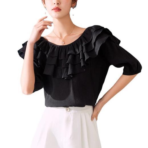 百姿 新款时尚荷叶边上衣气质露背短袖雪纺衫女231127 商品图4