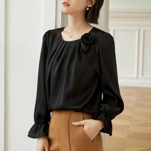 百姿 新款雪纺上衣长袖女圆领气质纯色立体玫瑰花雪纺衫 商品图2