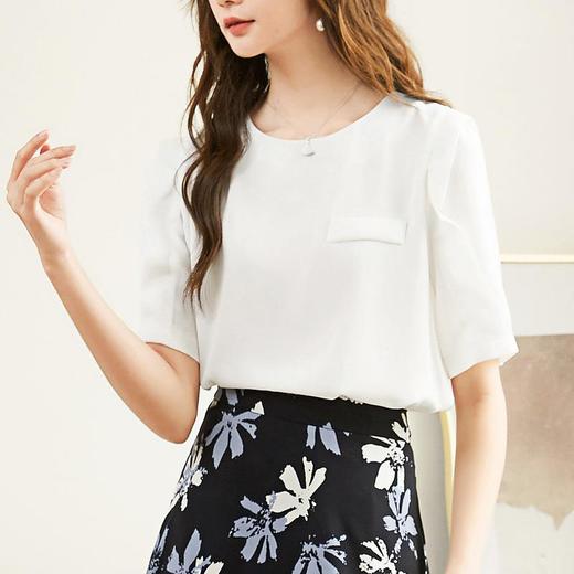 百姿 新款简约圆领短袖雪纺衬衫女百搭小衫薄款231170 商品图3