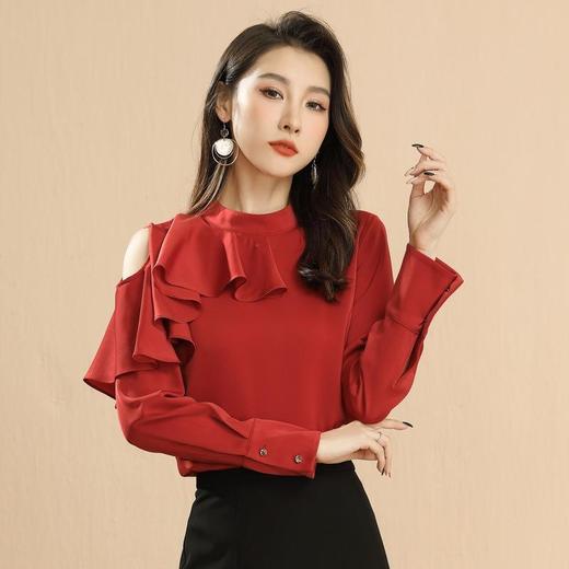 百姿2023春季新款露肩纯色上衣女装成熟风荷叶边长袖套头雪纺衬衫 商品图0