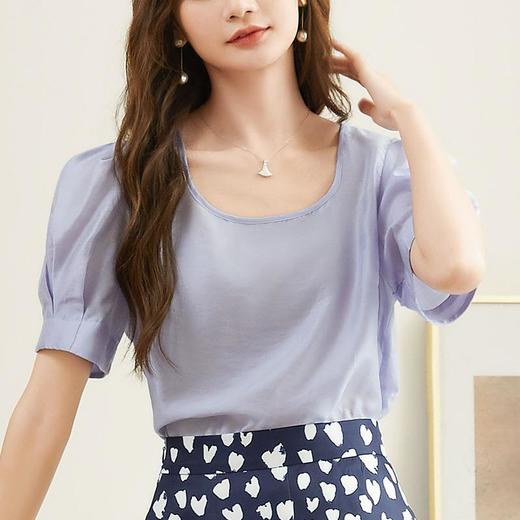 百姿 天丝U型领雪纺衫2023夏季新款泡泡袖轻薄防晒女士小衫223001 商品图4