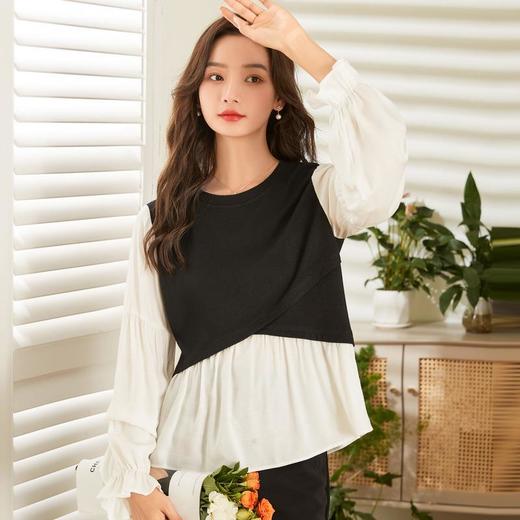 百姿 拼接喇叭袖衬衫女2023秋季新款圆领名媛风小众长袖羊毛衬衣 商品图1