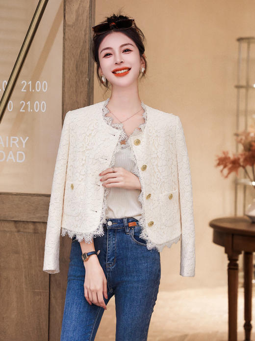 DD-气质拼接蕾丝短外套名媛优雅风修身显瘦单排扣开衫 商品图4