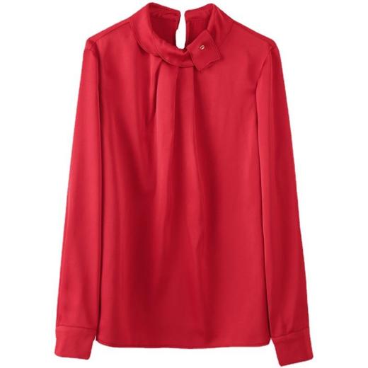 百姿 2023春季新款法式优雅立领套头红色梭织女士长袖雪纺衫上衣 商品图4