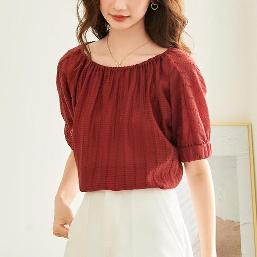 百姿 新款圆领褶皱雪纺衫褶皱显瘦气质短袖防晒上衣女 商品图3