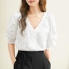 百姿 蕾丝V领短袖上衣2023夏季新款纯棉名媛气质蕾丝衫女231196 商品缩略图3