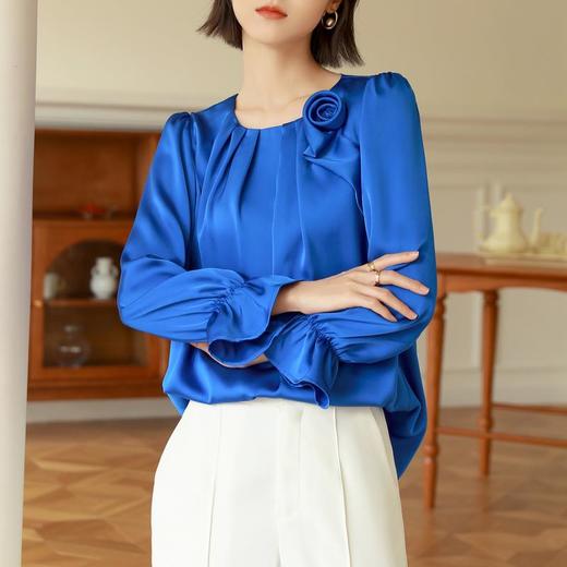 百姿 新款雪纺上衣长袖女圆领气质纯色立体玫瑰花雪纺衫 商品图3