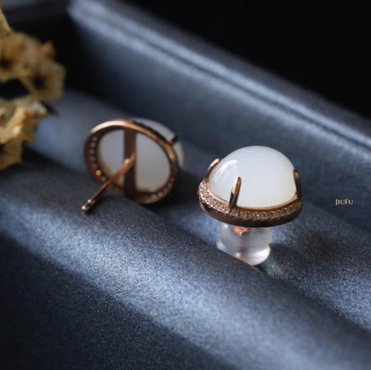 18K玫瑰金和田玉（白玉）满钻耳钉/蛋面8*10mm 商品图2