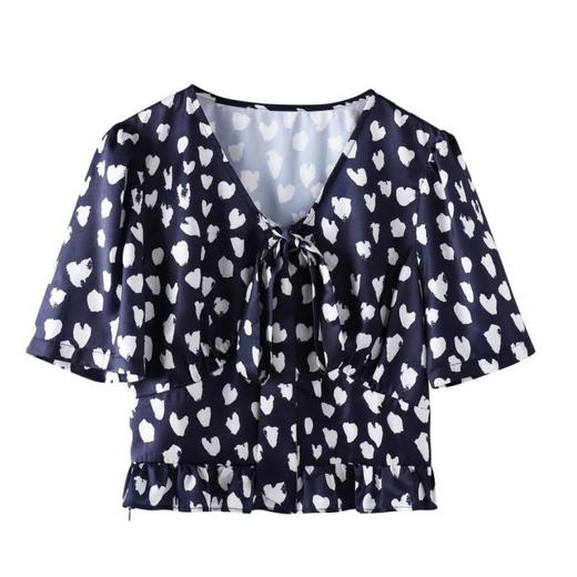 百姿 短款小众爱心小衫2023夏季新款短袖雪纺印花衬衫女231178 商品图4