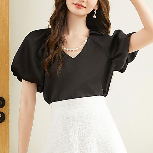 百姿 珍珠链蓬蓬袖雪纺衫女2023夏季新款V领气质短袖衬衫231193 商品图3