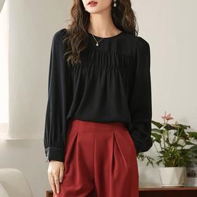 百姿 圆领褶皱雪纺衫2023秋季新款韩版纯色遮肉显瘦优雅长袖衬衫