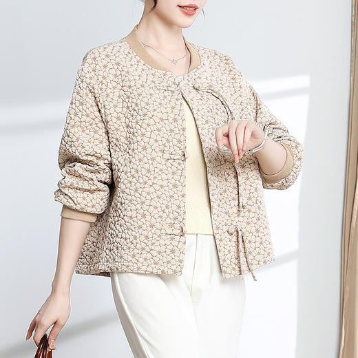 复古盘扣小外套，秋季新款长袖低领开衫休闲上衣提花时尚气质外搭QYM-JJ-C1038-Y 商品图1