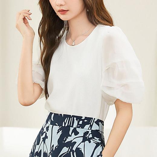 百姿 拼接雪纺短袖衬衫女2023夏季新款圆领简约气质棉小衫231173 商品图2