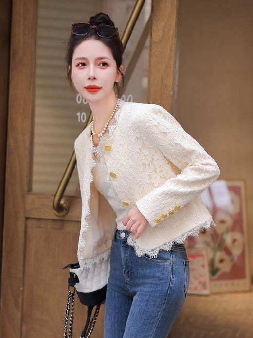 DD-气质拼接蕾丝短外套名媛优雅风修身显瘦单排扣开衫 商品图1