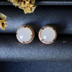 18K玫瑰金和田玉（白玉）满钻耳钉/半珠8mm