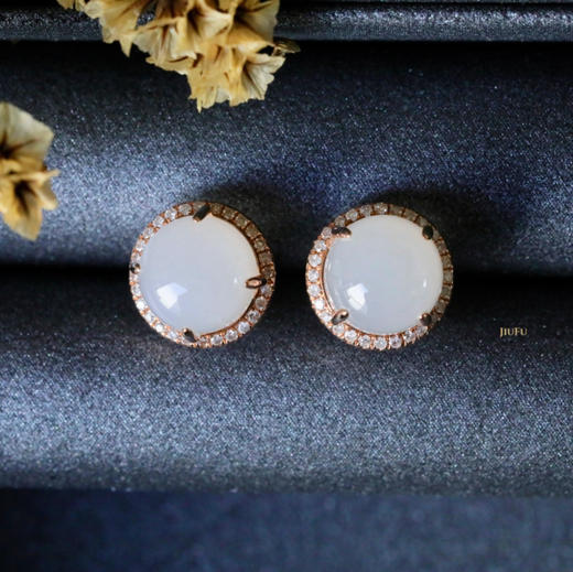 18K玫瑰金和田玉（白玉）满钻耳钉/半珠8mm 商品图0