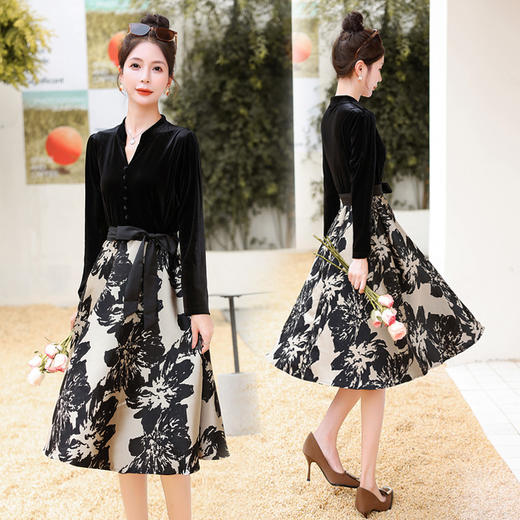 秋季新款，拼接单排多扣优雅气质水墨花朵显瘦长款连衣裙HR-JNFGN2805 商品图0