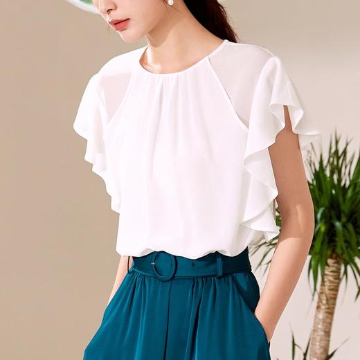 百姿 飞飞袖雪纺衫女2023韩版纯色名媛优雅直筒套头显瘦短袖上衣 商品图3